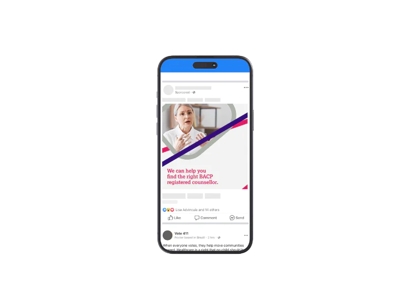 A smartphone screen displays a social media post with an advertisement for BACP registered counsellors, featuring a person in professional attire gesturing with their hands.