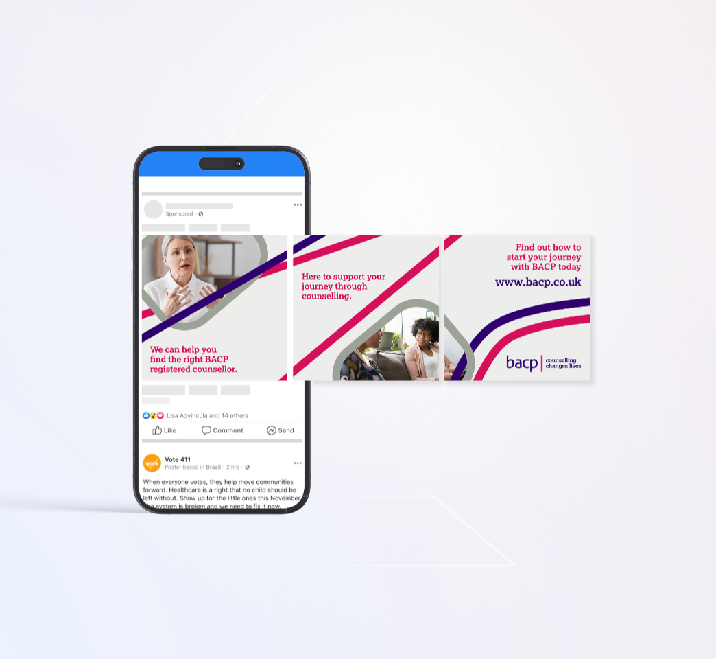 A smartphone displaying a social media post from BACP promoting counselling services, featuring images and text. The website URL www.bacp.co.uk is visible.