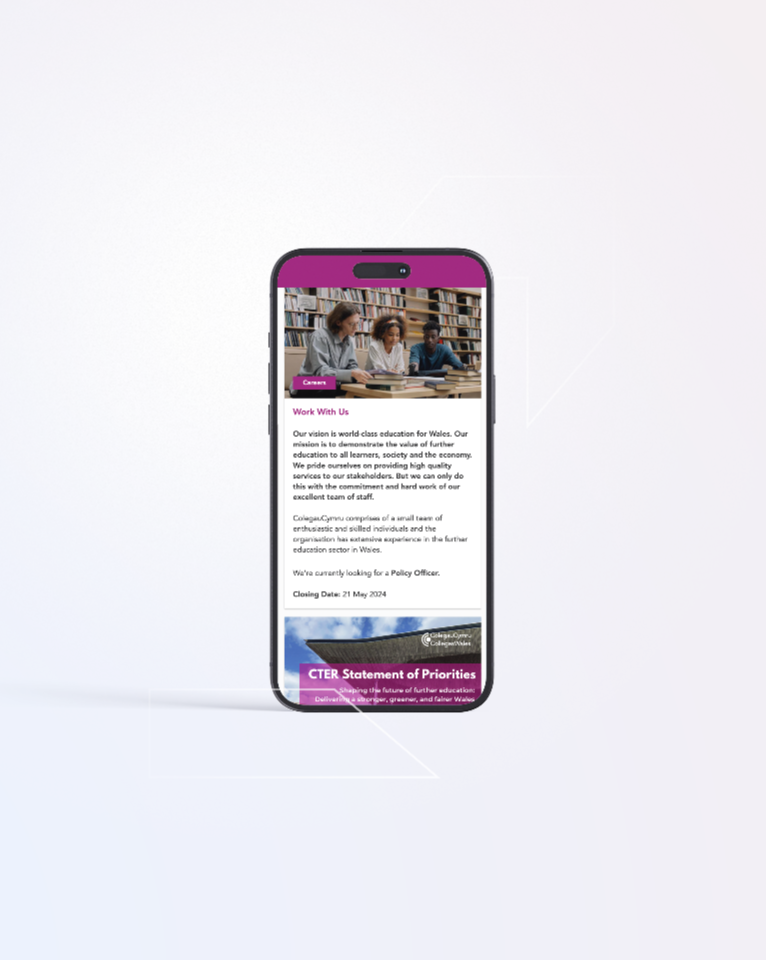 A smartphone displaying a job advertisement on its screen seeking a Policy Officer with a closing date of 26 May 2024. The ad includes an image of three people in discussion and text about the organization’s vision.
