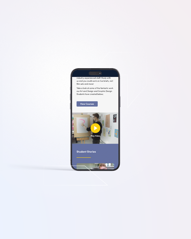 A smartphone screen displays a webpage with options to view courses and watch a student story video. The background is plain and light in color.