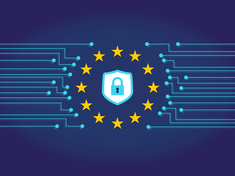 Illustration of a padlock icon on a shield surrounded by yellow stars, representing the EU flag, with digital circuit lines extending outward on a blue background.