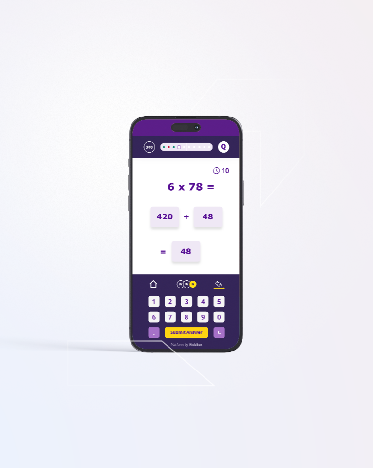 A smartphone displaying a math app with a multiplication problem "6 x 78 =" and answer options "420" and "48". The correct answer, "48", is highlighted.