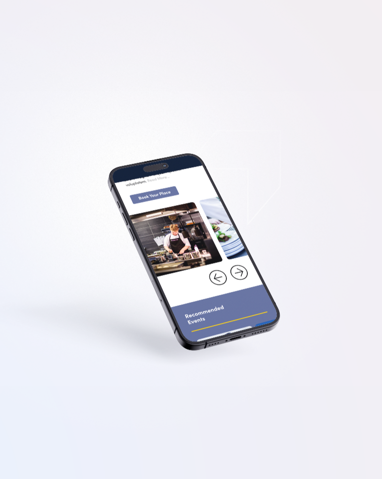 Smartphone displaying an app screen with an image of a chef in a kitchen and a section labeled "Recommended Events." The screen has navigation arrows and a "Book Your Place" button.
