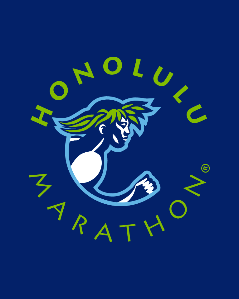 Logo for the Honolulu Marathon featuring a stylized runner with flowing hair against a blue background, surrounded by the text "Honolulu Marathon.
