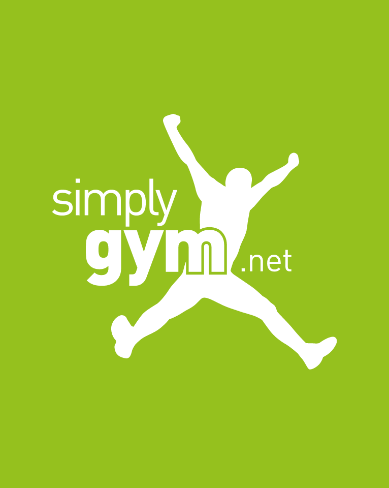 Green logo featuring the silhouette of a person jumping, with the text "simply gym .net" overlaying the figure.