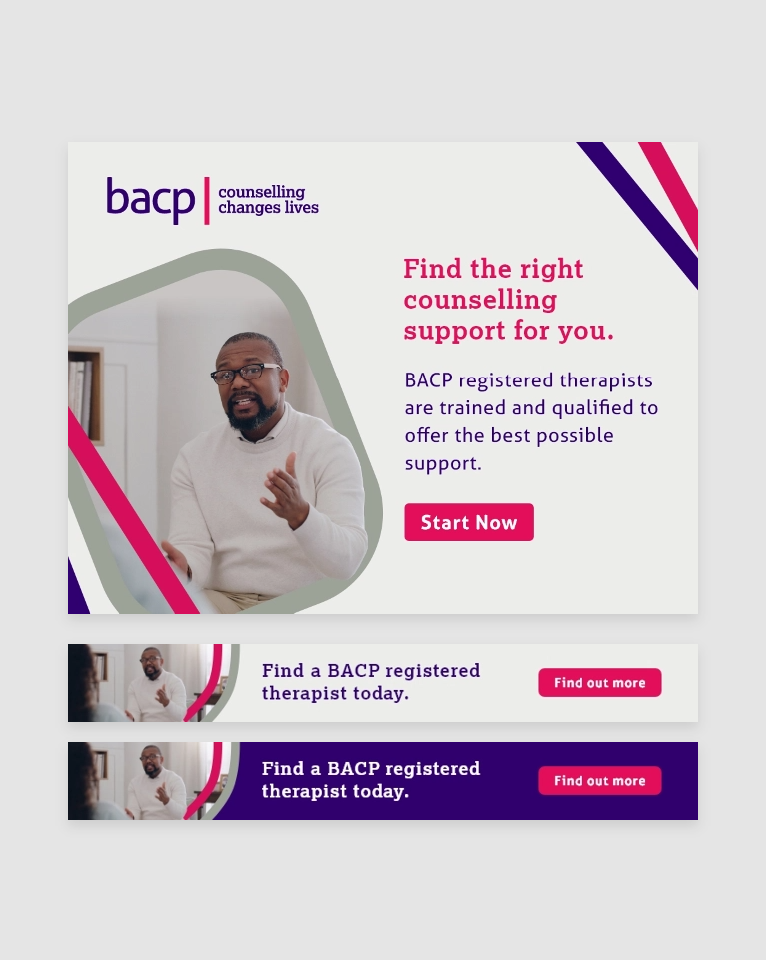 BACP advertisement with a man speaking, promoting registered therapists for counselling support, with options to start now or find out more.