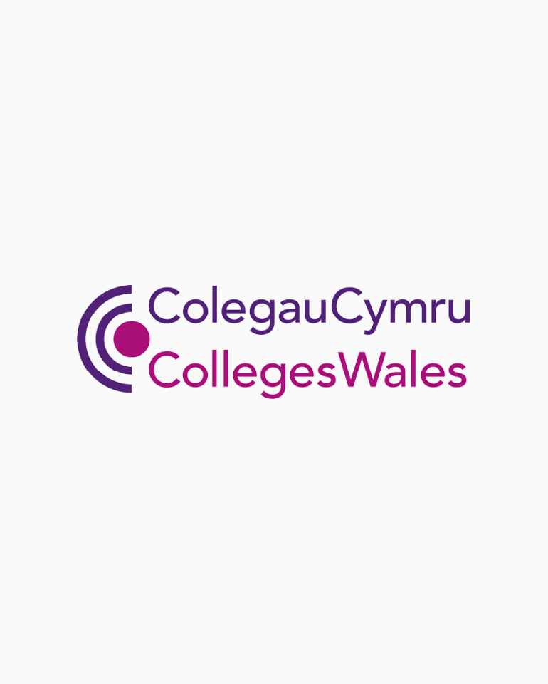 Logo with the text "ColegauCymru CollegesWales" next to a circular icon with three arcs on the left side.