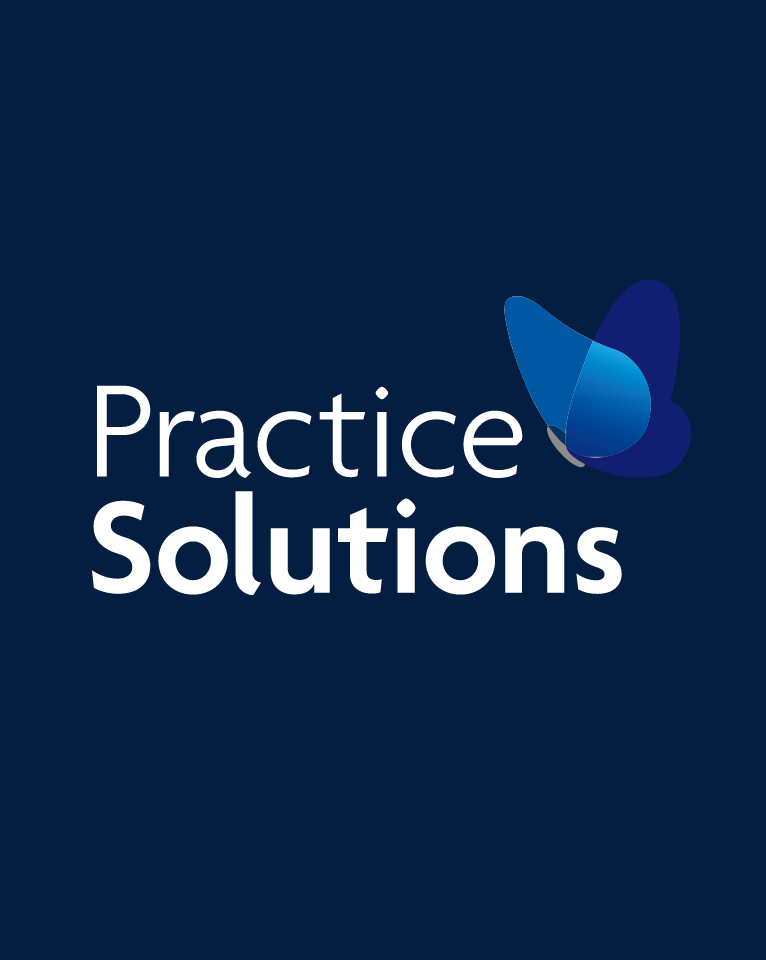 Logo of "Practice Solutions" with white text on a dark blue background and a stylized blue butterfly graphic.