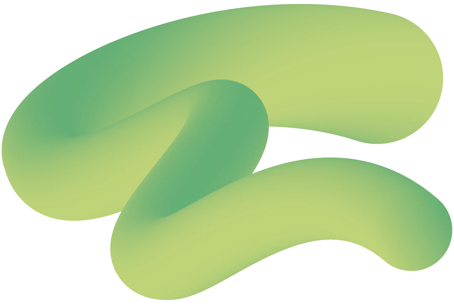 A 3D abstract shape with smooth curves in green to yellow gradient tones, resembling two interlocking curved bands.