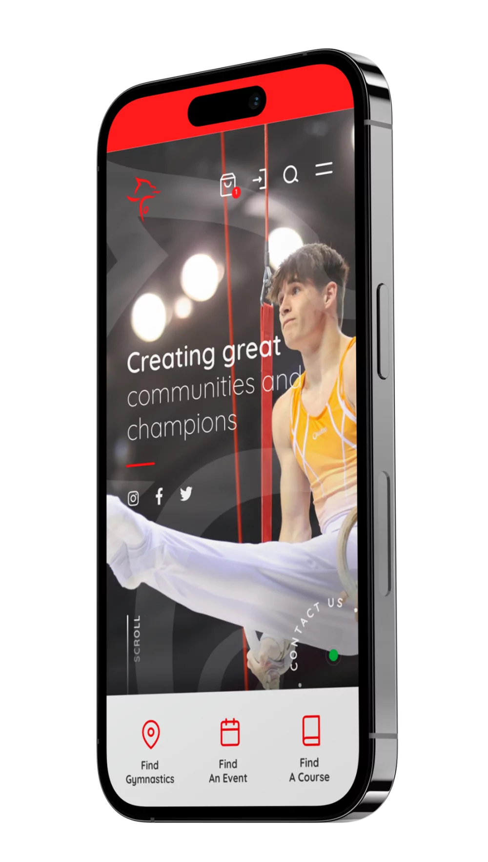 A smartphone displaying a gymnast in mid-air on its screen, highlighting a gymnastics organization's website with the tagline "Creating great communities and champions.