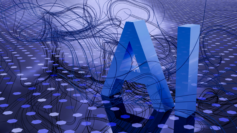3D blue letters "AI" with abstract lines and hexagonal patterns on a reflective surface.