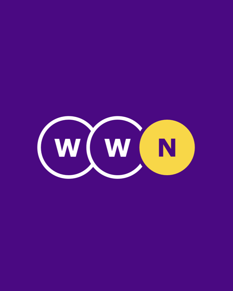 A logo with three circles on a purple background. The first two circles are white with the letter "W" inside them, and the third circle is yellow with the letter "N" inside it.