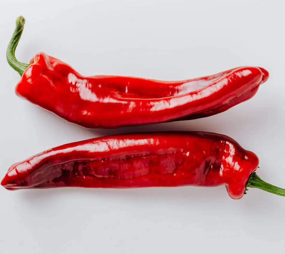 Two bright red chili peppers with green stems, placed parallel to each other on a white background.