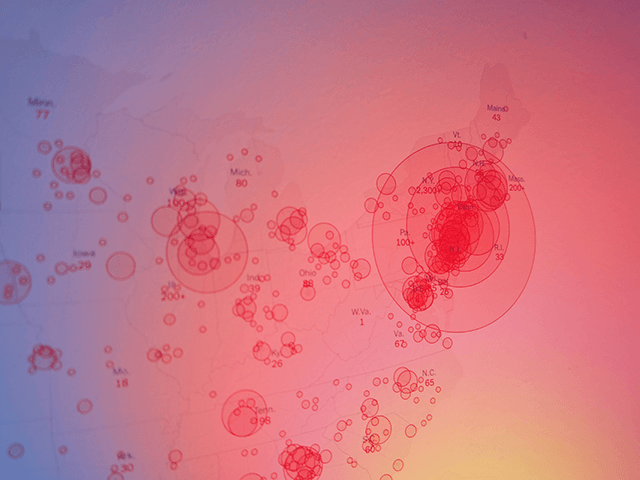 A heat map with red circles of varying sizes representing data points is overlaid on the eastern United States.