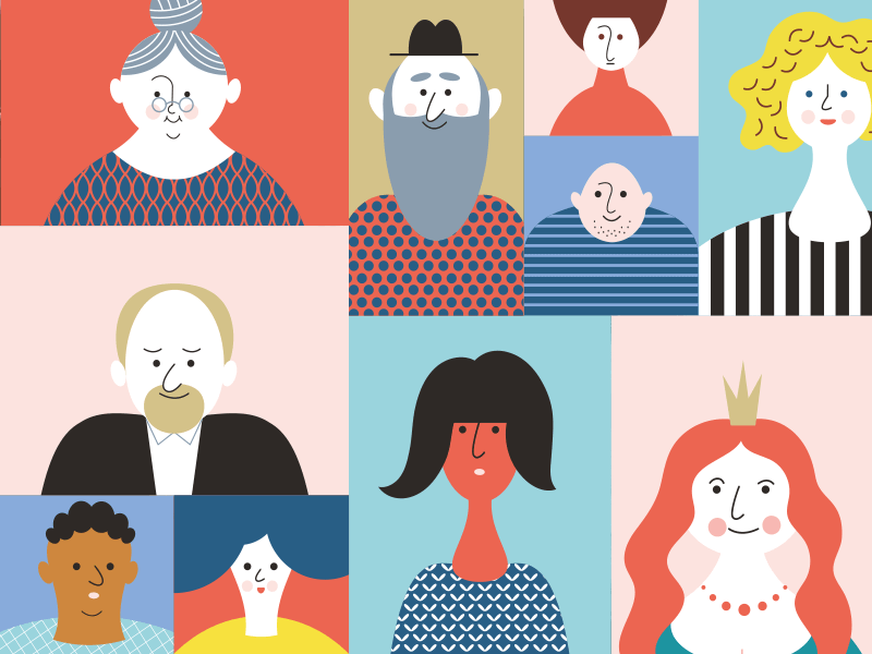 Colorful illustration of ten diverse cartoon characters with various hairstyles, clothing, and expressions, set against a patchwork background of different colors. This vibrant scene reflects "The online marketing battle: How customization is grabbing customer attention — and keeping it.