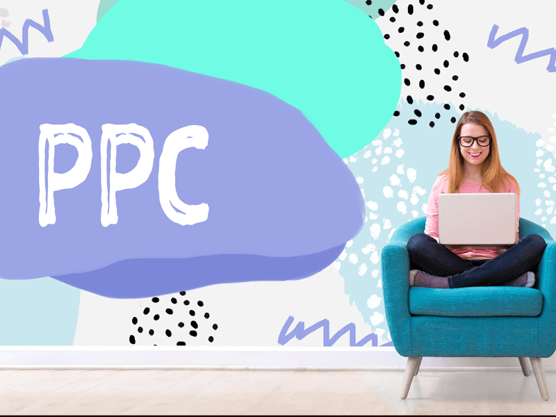 A person sits on a blue chair with a laptop on their lap. The background features colorful abstract shapes with the text "PPC in 2020: Here's what you need to know now.