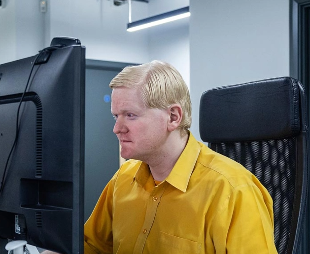 A person with light-colored hair and wearing a yellow shirt is working at a desk with a computer in an office setting. A coffee mug, hand sanitizer, and phone are on the desk.