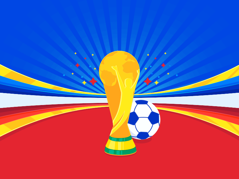 Illustration of a golden trophy and a soccer ball set against a vibrant background with blue, yellow, and red colors and star accents, capturing the excitement of World Cup 2018 highlights.