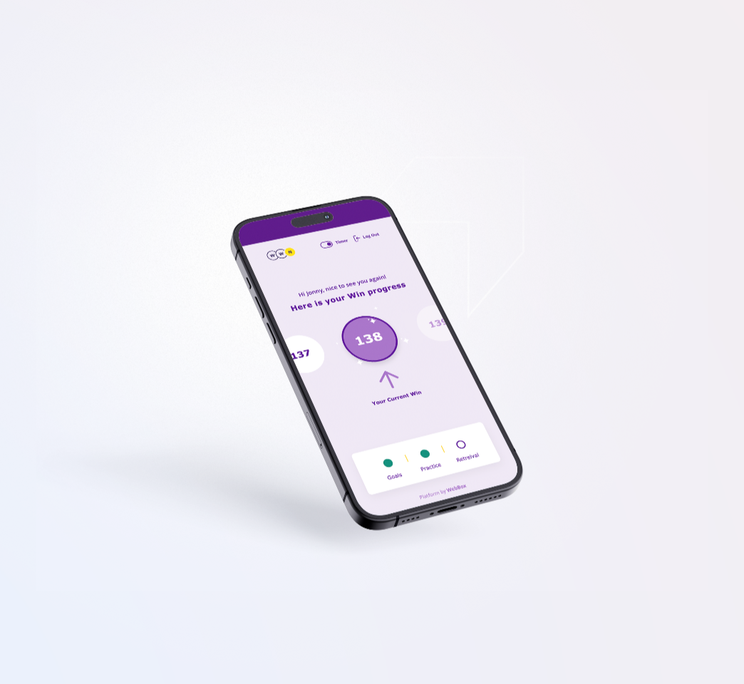 A smartphone displays a progress-tracking app with a purple color scheme, showing a circular progress bar indicating a score of 138. The app has tabs labeled Goals, History, and Reminders.